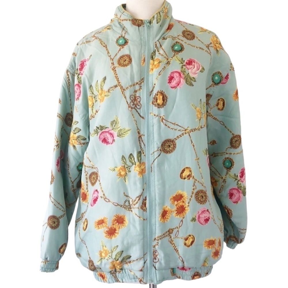 Vintage 80s 90s Avon 100% Silk Floral Turquoise Zip Up Jacket Women Size Small